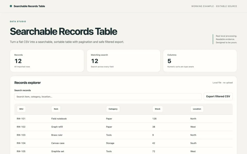 A searchable table with numeric sorting and safe CSV export — working example
