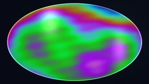 A thin-film color model forms shifting rainbow bands across a curved surface. Original 8-second rendered example.