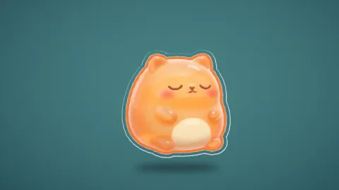 An illustrated cat sticker changes shape during its modeled fall and rebound. Original 8-second rendered example.