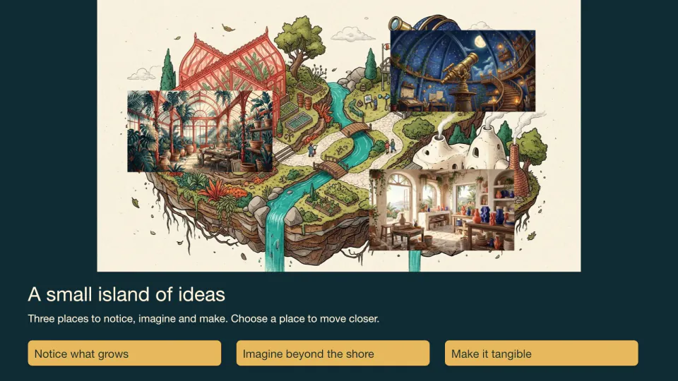 Spatial story overview with a floating island, three illustrated destinations and navigation choices