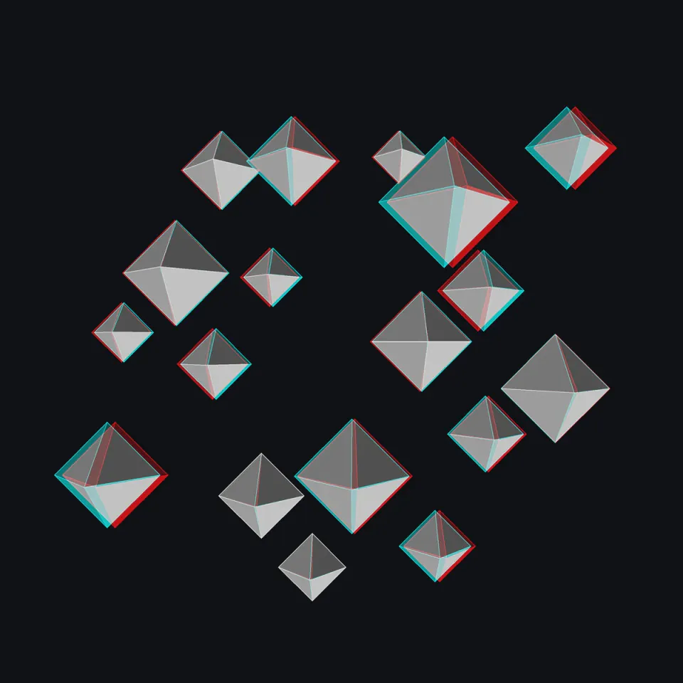 Red and cyan camera views combined into an anaglyph of floating faceted geometric forms