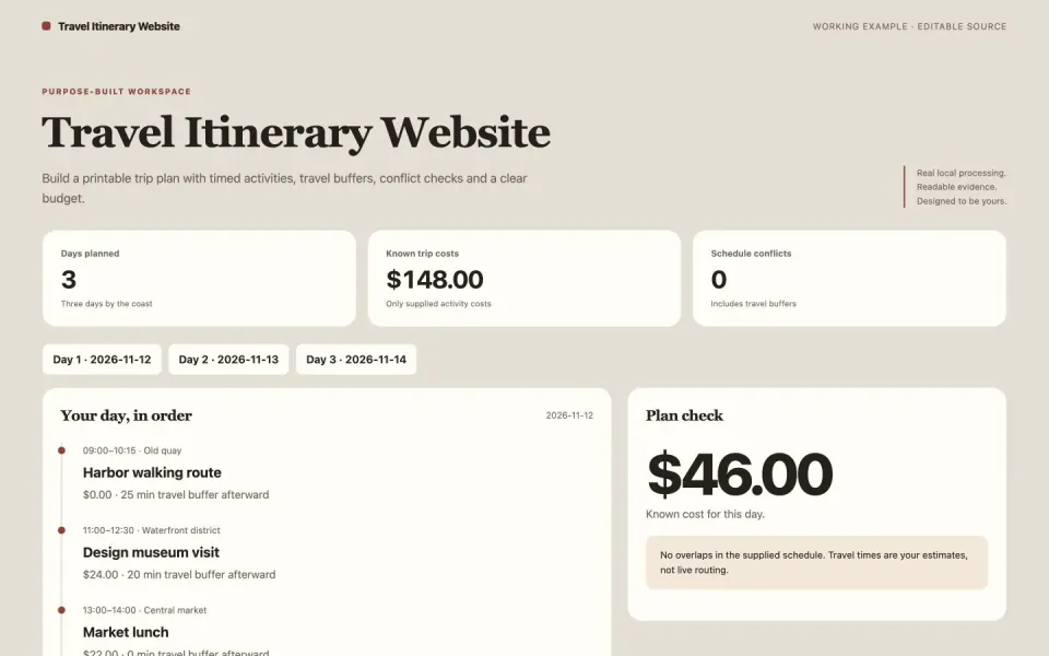 A day-by-day itinerary with scheduling conflicts and travel buffers — working example