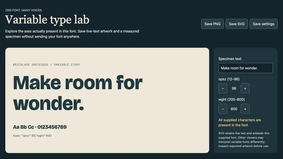 A live type specimen with text editing, actual font axes and artwork exports