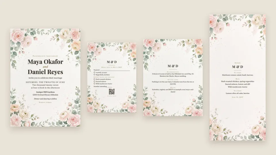 Wedding Invitation Suite: watercolor invitation, RSVP card, details card and menu for Maya and Daniel