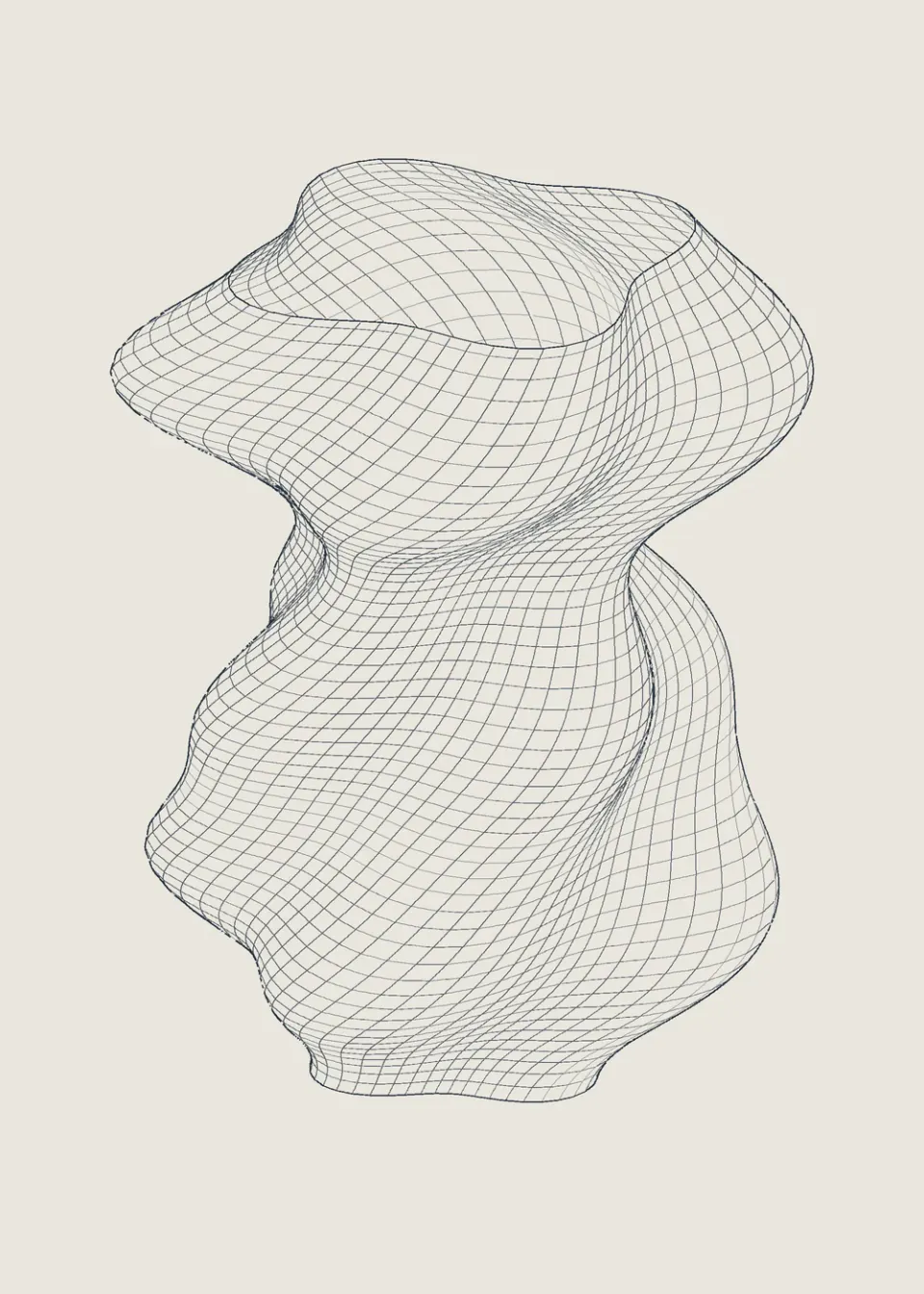 Twisting hollow sculpture drawn as fine visible wireframe lines on pale paper